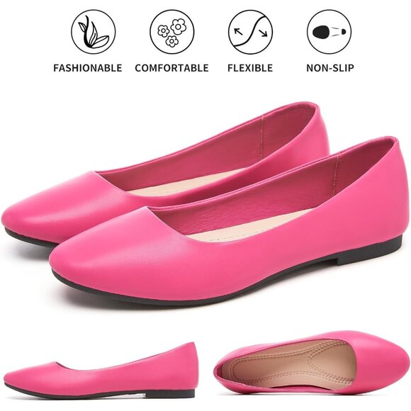 Women's Rose Red PU Leather Closed Toe Slip on Comfortable Ballet Flats Shoes - Picture 4 of 9